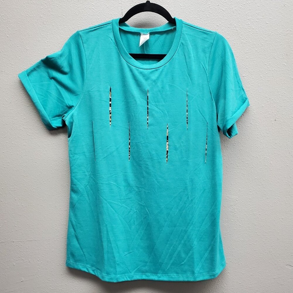 Sunshine & Rodeos Shirt Womens Medium Teal Leopard Cutout Distressed Casual Tee